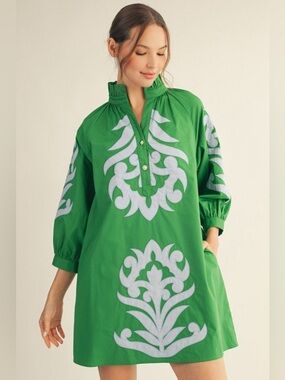 Kelly green embroidered baroque pearl floral boho swing western midi maxi dress